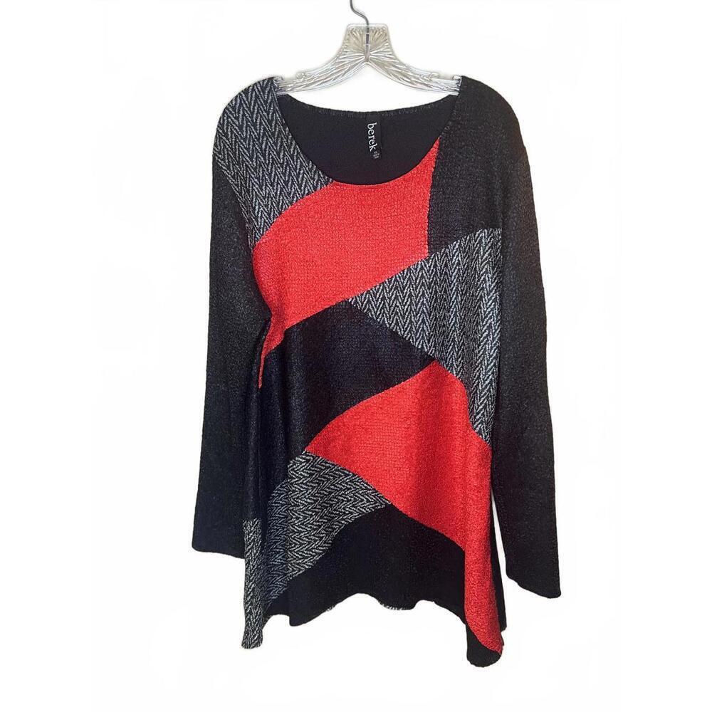 Berek Women's Tunic Artsy Colorblock Red Gray Black Crinkle Fabric Blouse  XXL